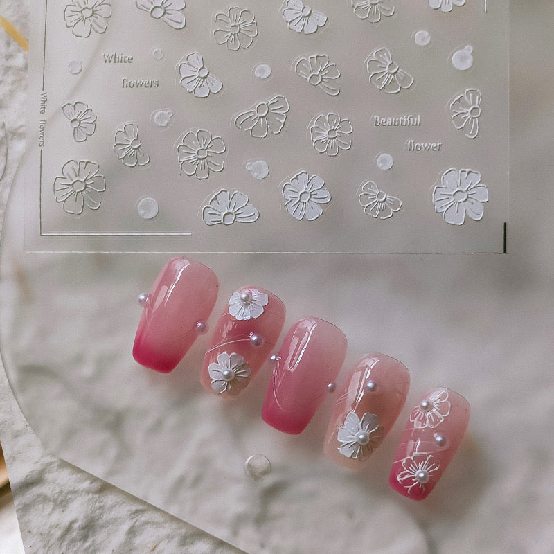 LuLuFun Studio White Flower Nail Art Decals – Floral Manicure Stickers