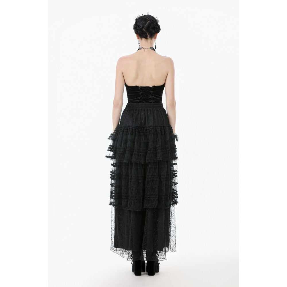 Dark in Love Morticia Gothic Velvet & Lace Tiered Skirt in Black