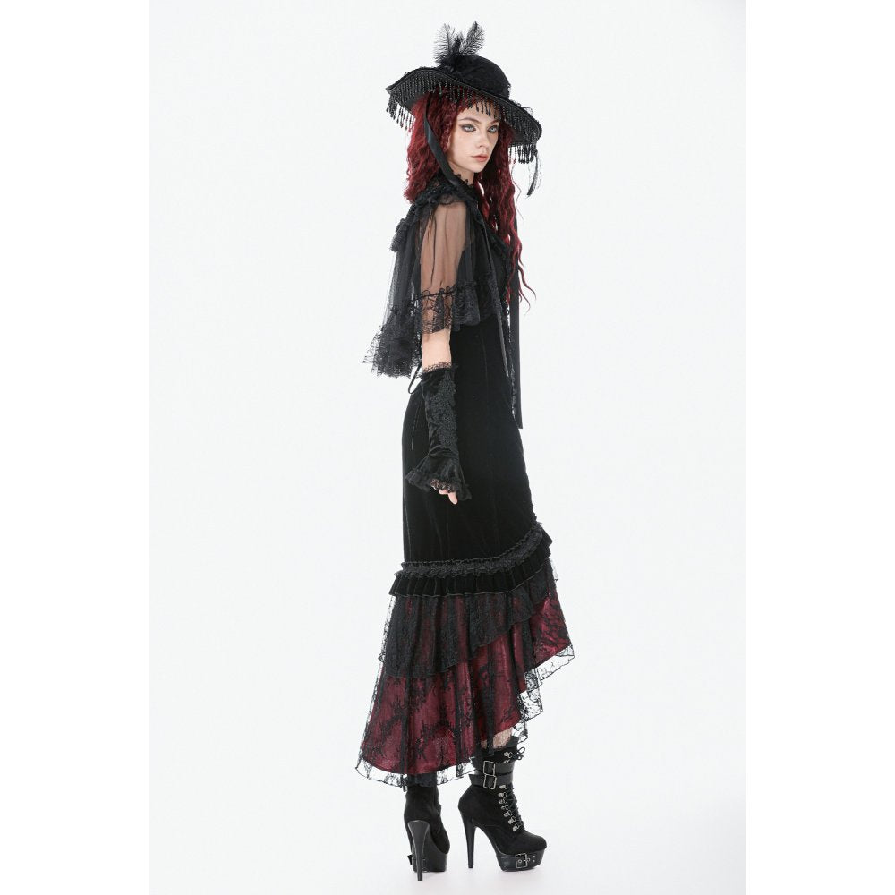 Dark in Love Gothic Velvet Mermaid Skirt – Elegant Red Lace Trim