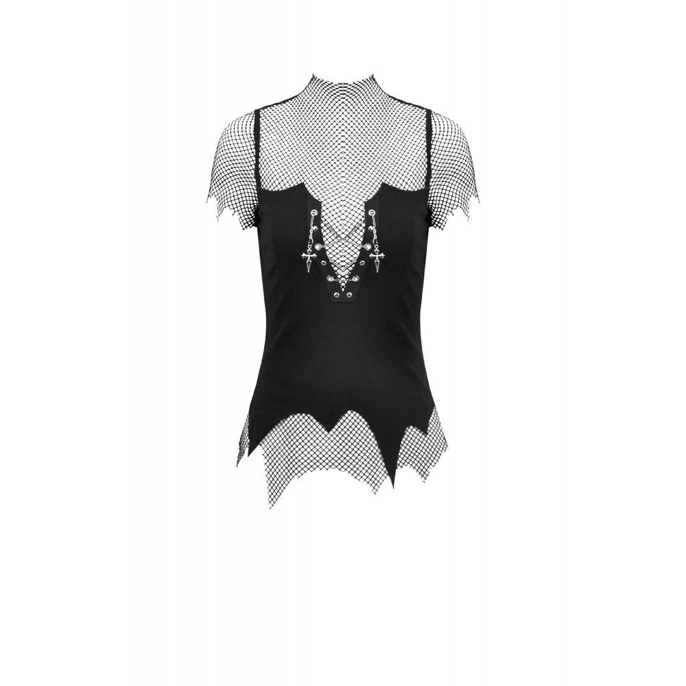 Dark in Love Dark Punk Mesh Chain Top | Gothic Fishnet High-Neck Shirt