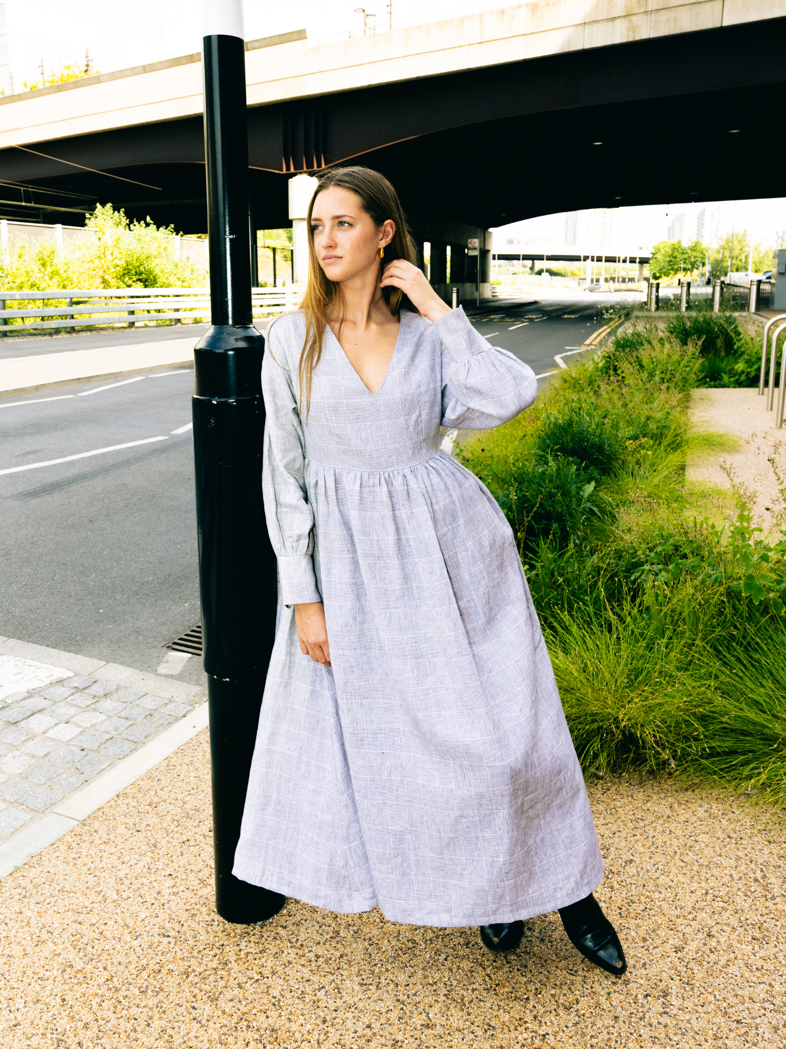 No More Nobody Michelle Maxi Dress – Organic Irish Linen Grey Check