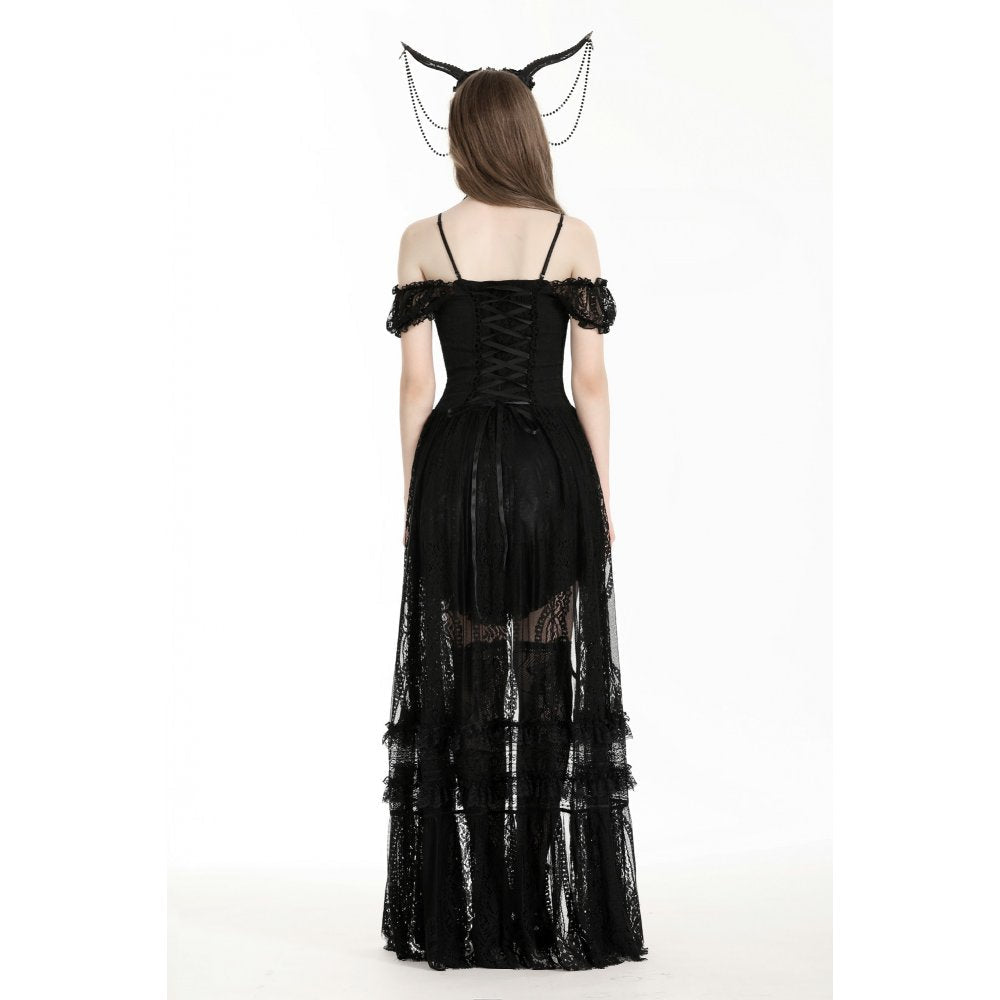 Dark in Love Kelilah Gothic Lace Hi-Low Dress with Off-Shoulder Sleeves