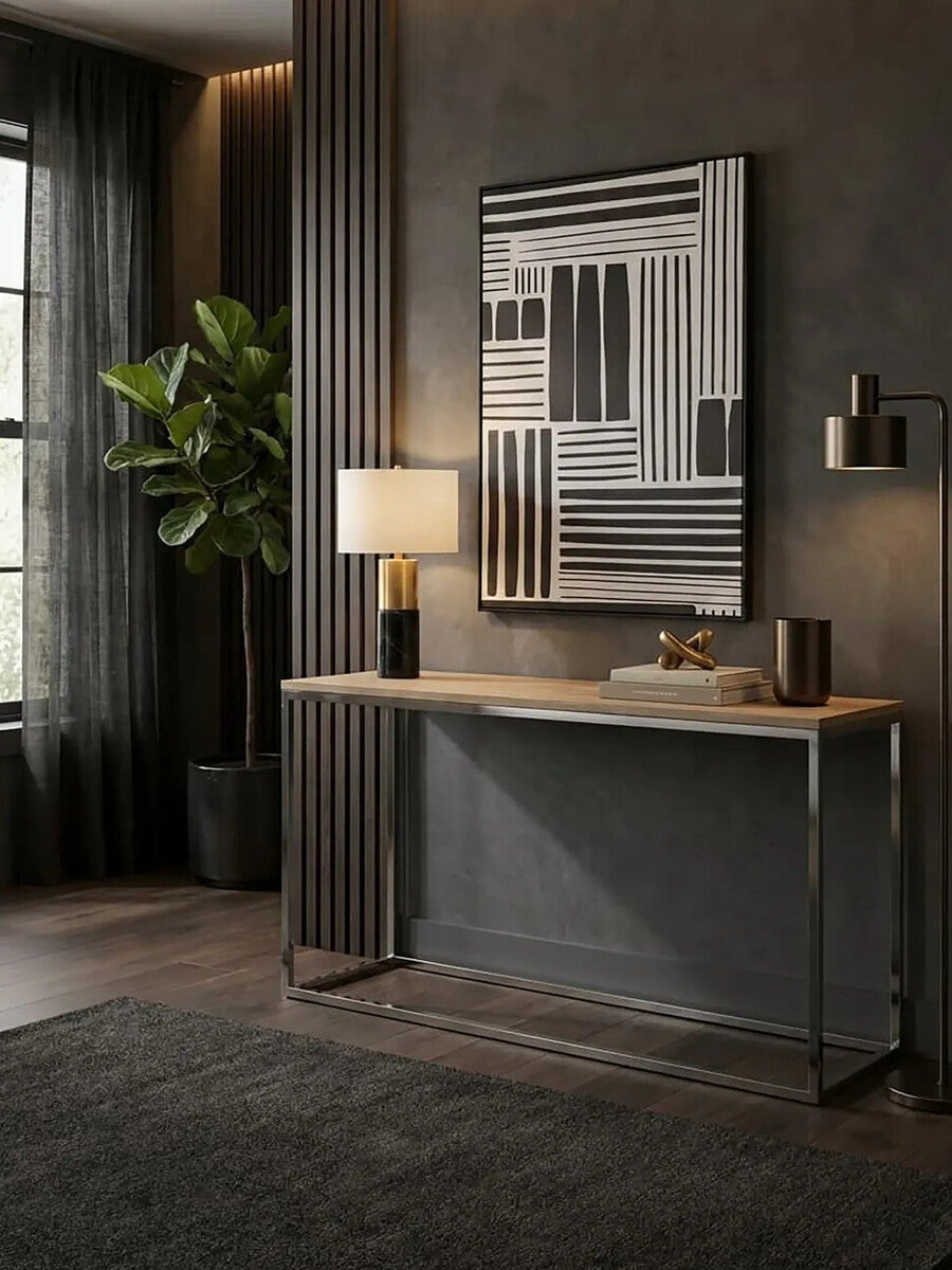 Orsina Hampstead Oak Wood Console Table | Slim Stainless Steel Frame