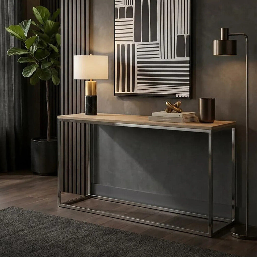 Orsina Hampstead Oak Wood Console Table | Slim Stainless Steel Frame