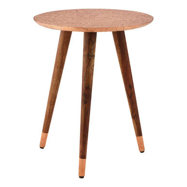Orsina Copper Side Table – Carved Metal Top & Sheesham Wood Legs
