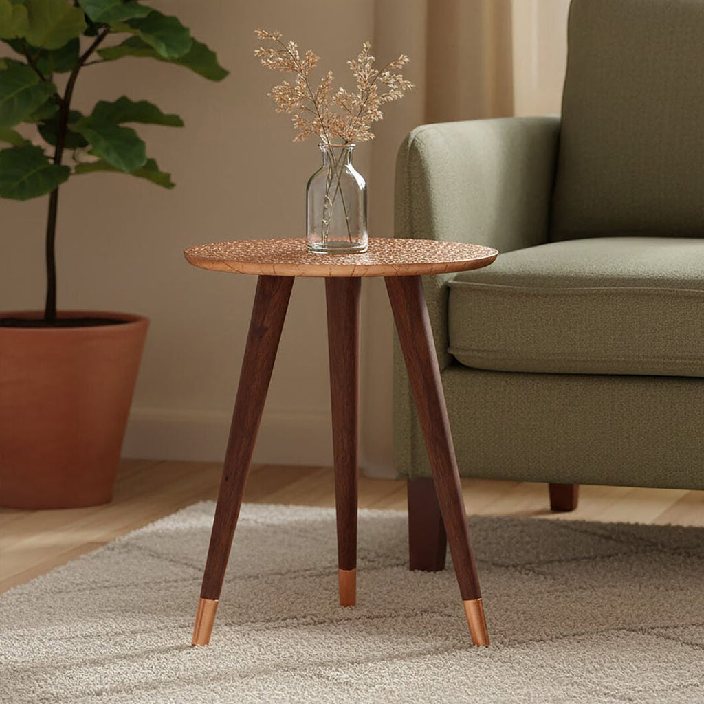 Orsina Copper Side Table – Carved Metal Top & Sheesham Wood Legs
