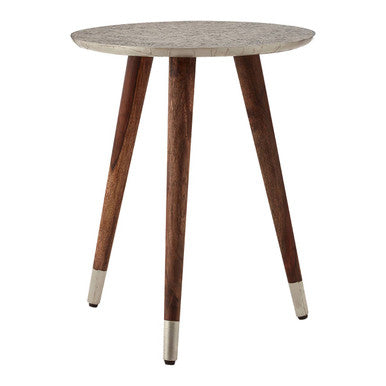 Orsina Boho White Carved Metal Top Round Side Table | Acacia Wood