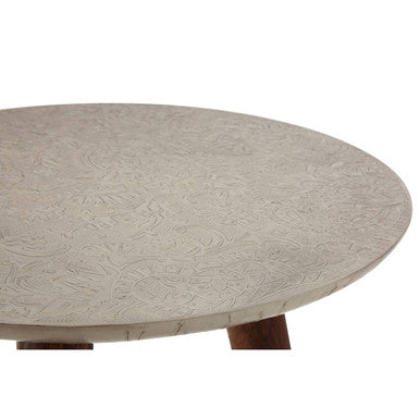 Orsina Boho White Carved Metal Top Round Side Table | Acacia Wood