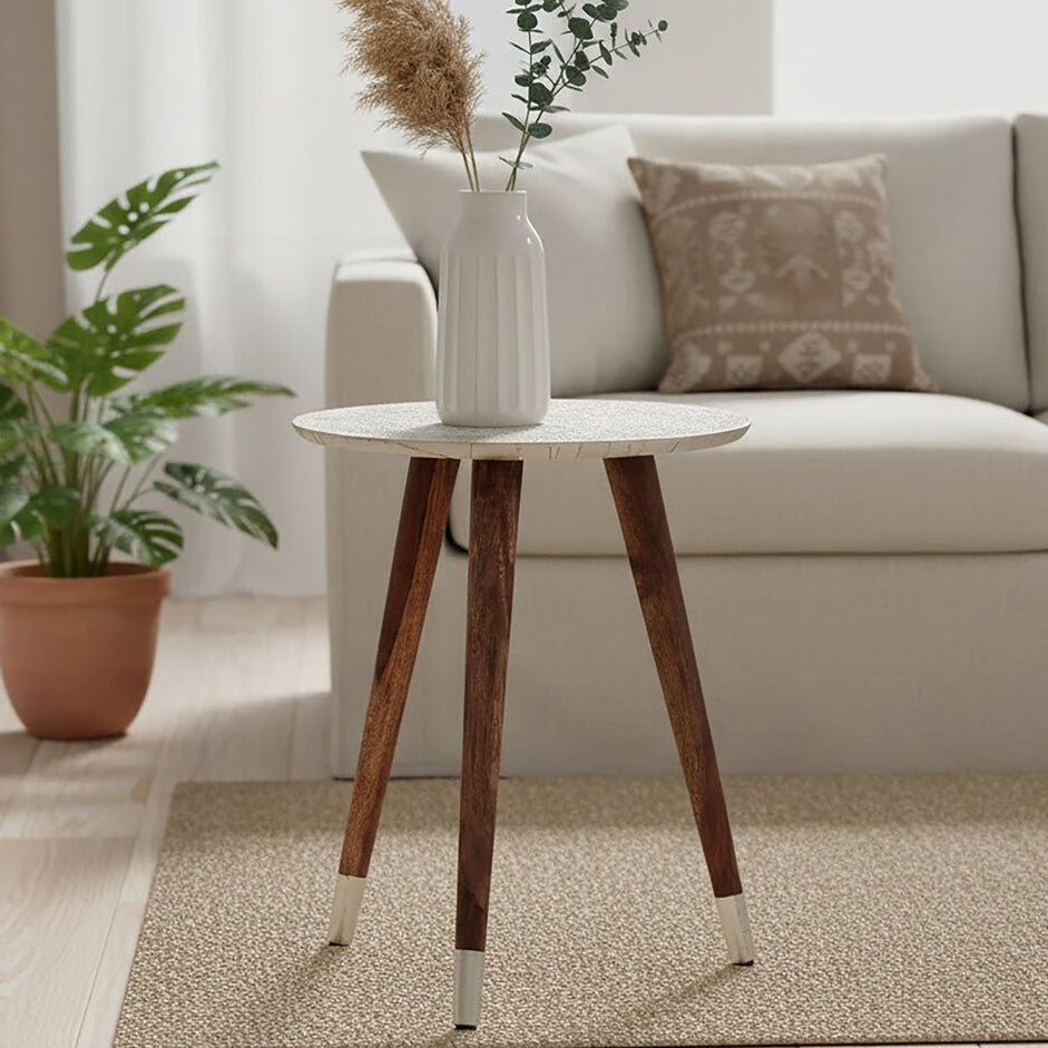 Orsina Boho White Carved Metal Top Round Side Table | Acacia Wood