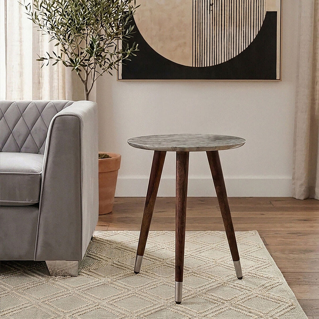 Orsina Boho White Carved Metal Top Round Side Table | Acacia Wood