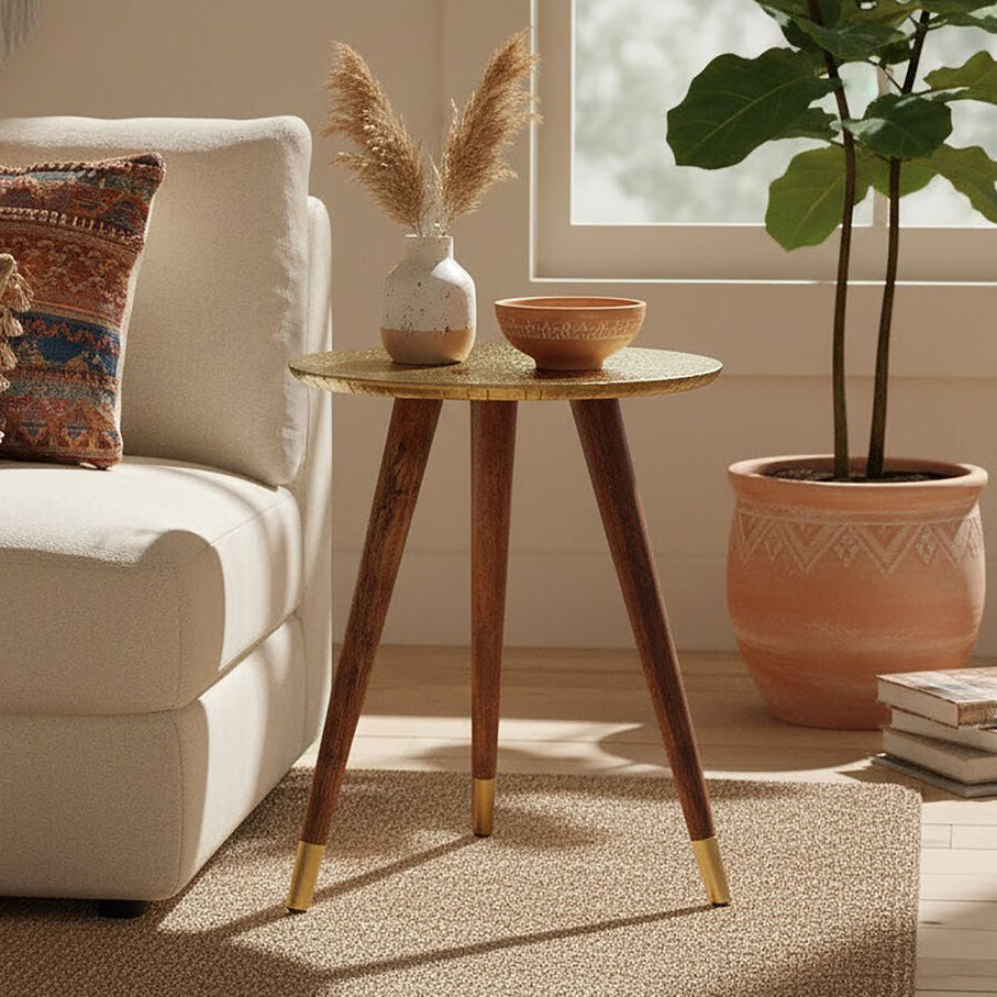 Orsina Boho Gold Carved Metal Side Table | Handcrafted Accent Table