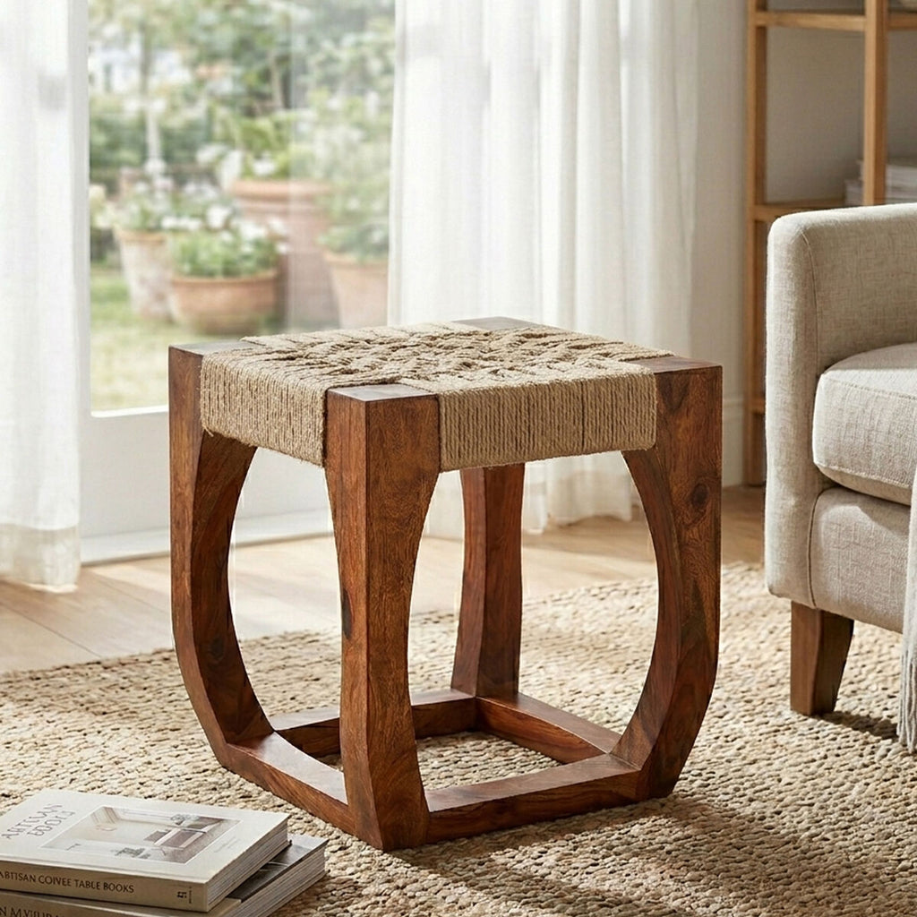 Orsina Boho Sheesham Wood and Handwoven Jute Stool – Natural Accent