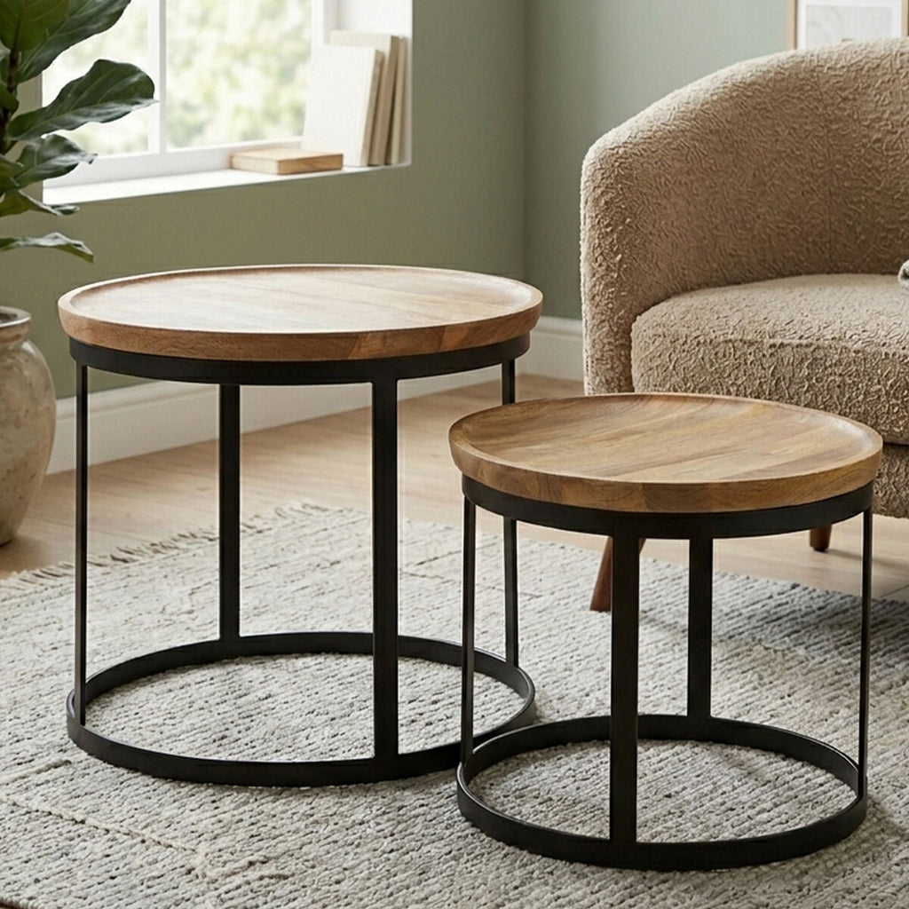 Orsina Mango Wood Nesting Tables | Set of 2 Boho Black Metal Side Tables