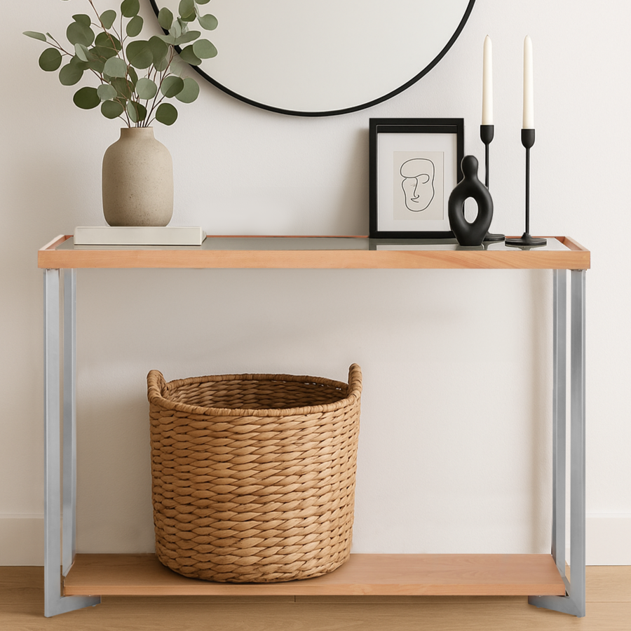 Orsina Mirrored Console Table – Beech Wood with Open Storage Shelf