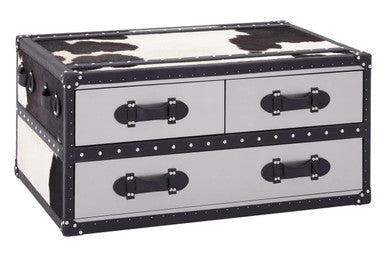 Orsina Black and White Cowhide Coffee Table with 3 Storage Drawers