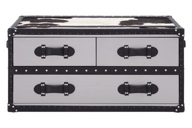 Orsina Black and White Cowhide Coffee Table with 3 Storage Drawers