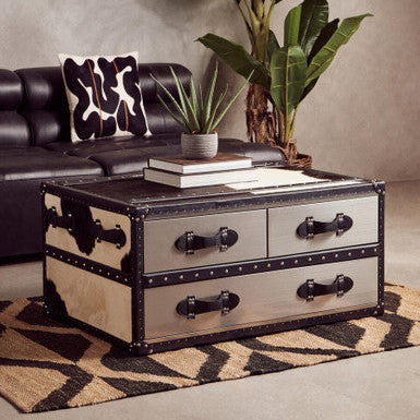 Orsina Black and White Cowhide Coffee Table with 3 Storage Drawers