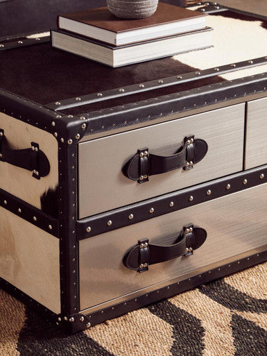 Orsina Black and White Cowhide Coffee Table with 3 Storage Drawers