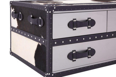 Orsina Black and White Cowhide Coffee Table with 3 Storage Drawers