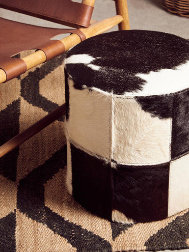 Orsina Kensington Cowhide Leather Stool – Black and White Ottoman