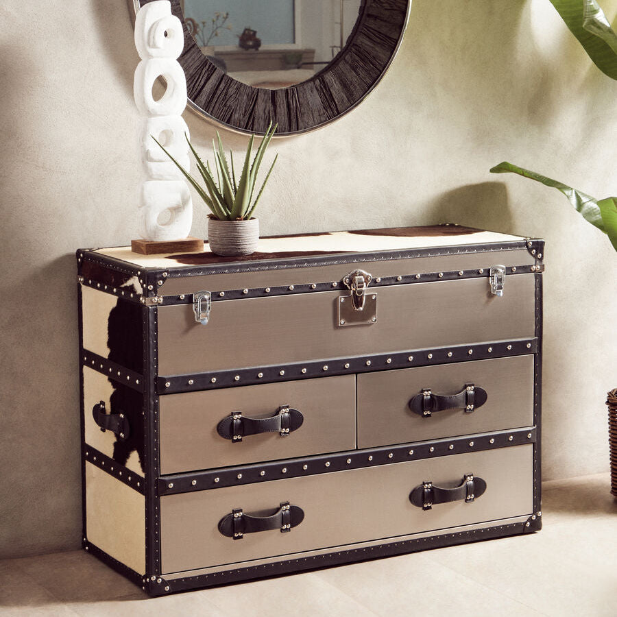 Orsina Kensington Cowhide 3 Drawer Cabinet | Black & White Leather