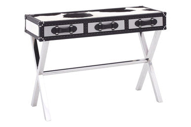 Orsina Cowhide Console Table – Black & White Leather 3-Drawer Desk