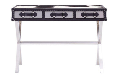 Orsina Cowhide Console Table – Black & White Leather 3-Drawer Desk