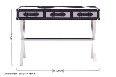 Orsina Cowhide Console Table – Black & White Leather 3-Drawer Desk