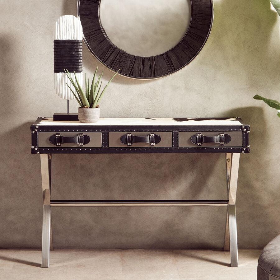 Orsina Cowhide Console Table – Black & White Leather 3-Drawer Desk