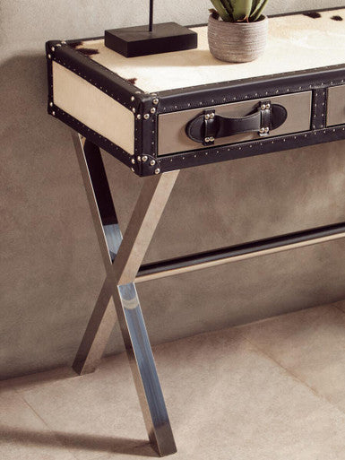 Orsina Cowhide Console Table – Black & White Leather 3-Drawer Desk