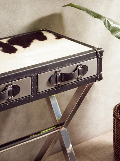 Orsina Cowhide Console Table – Black & White Leather 3-Drawer Desk
