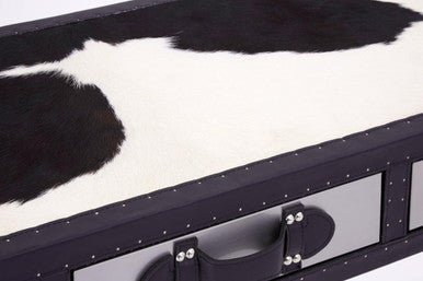 Orsina Cowhide Console Table – Black & White Leather 3-Drawer Desk