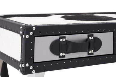 Orsina Cowhide Console Table – Black & White Leather 3-Drawer Desk