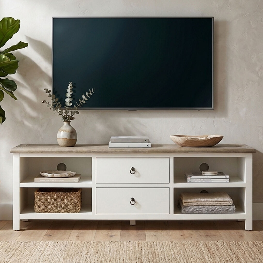 Orsina Hampstead Media Unit – White Birchwood TV Stand with Oak Top