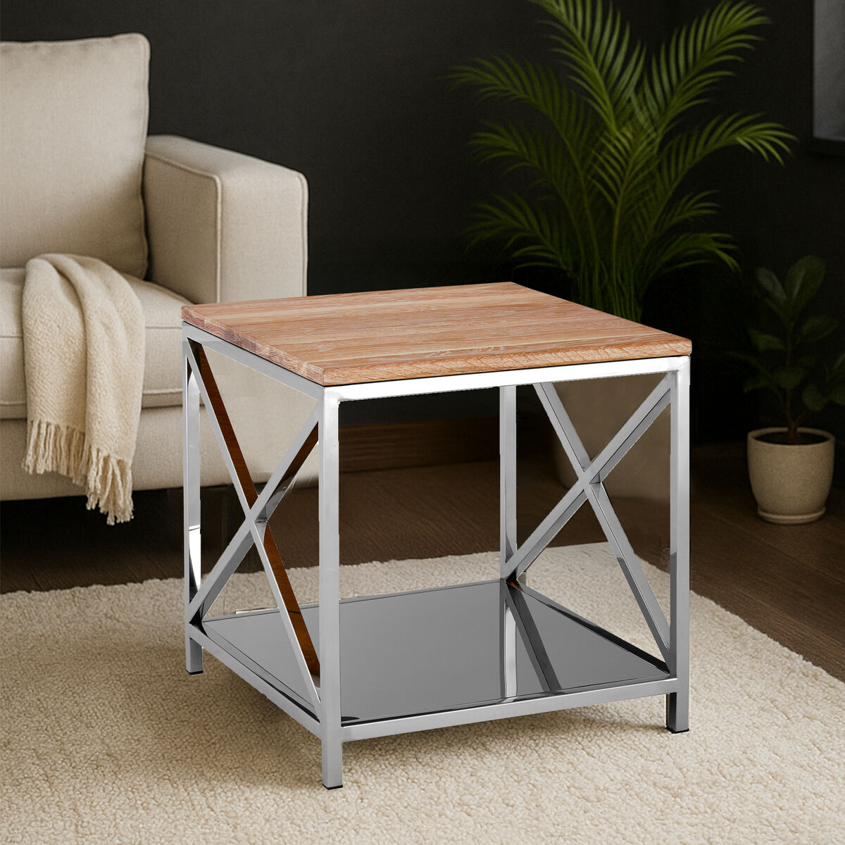 Orsina Chiswick Natural Oak Wood Side Table with Stainless Steel Lattice