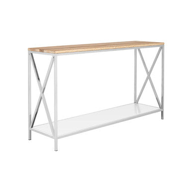 Orsina Chiswick Oak Wood Console Table | Mirrored Shelf & Stainless Steel