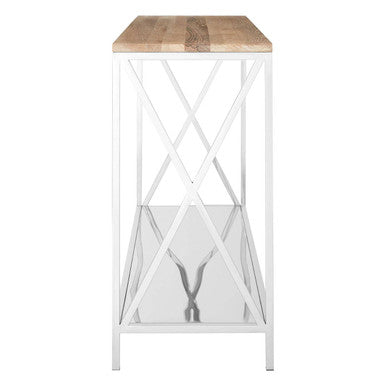 Orsina Chiswick Oak Wood Console Table | Mirrored Shelf & Stainless Steel
