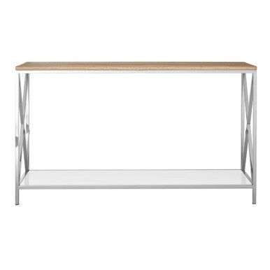 Orsina Chiswick Oak Wood Console Table | Mirrored Shelf & Stainless Steel