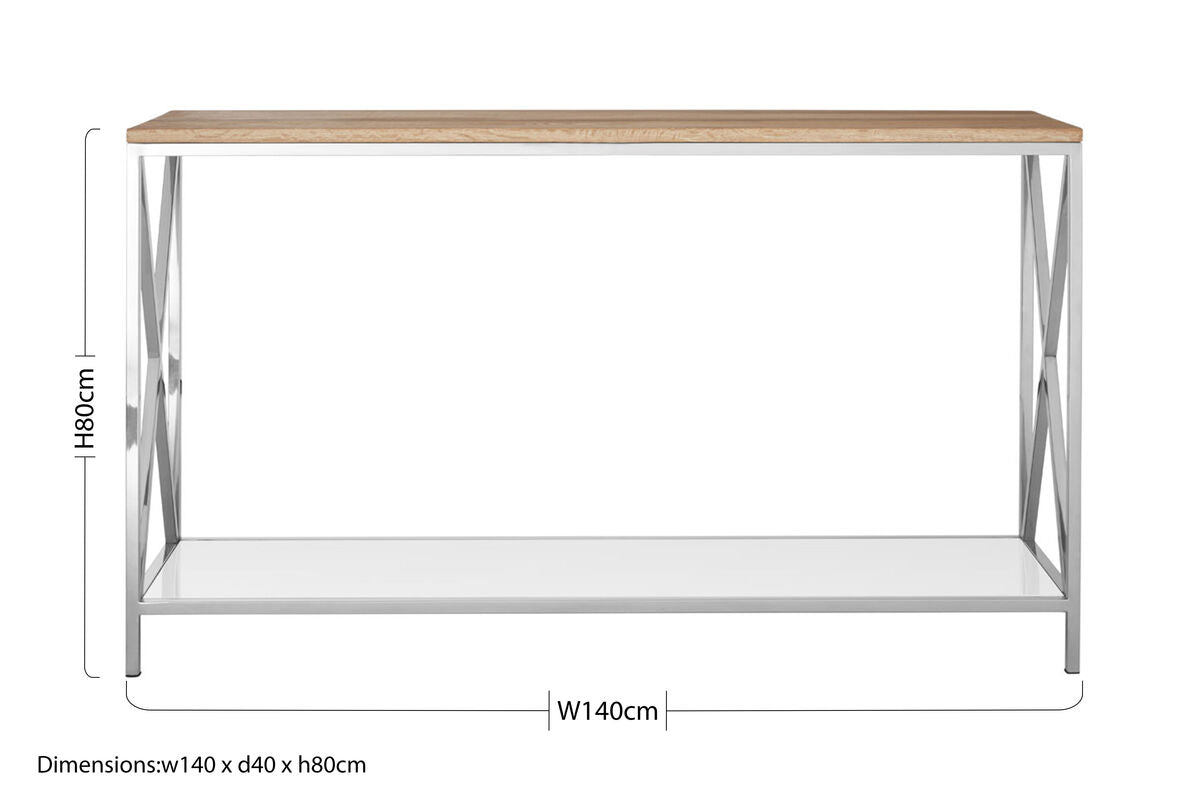 Orsina Chiswick Oak Wood Console Table | Mirrored Shelf & Stainless Steel