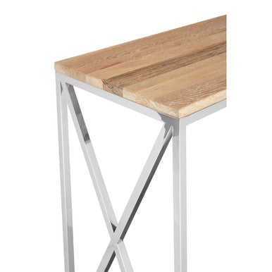 Orsina Chiswick Oak Wood Console Table | Mirrored Shelf & Stainless Steel