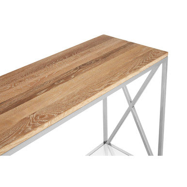 Orsina Chiswick Oak Wood Console Table | Mirrored Shelf & Stainless Steel