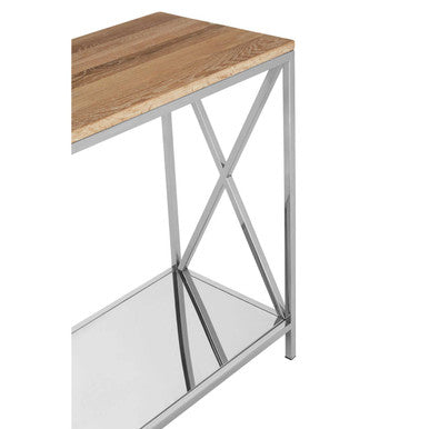 Orsina Chiswick Oak Wood Console Table | Mirrored Shelf & Stainless Steel
