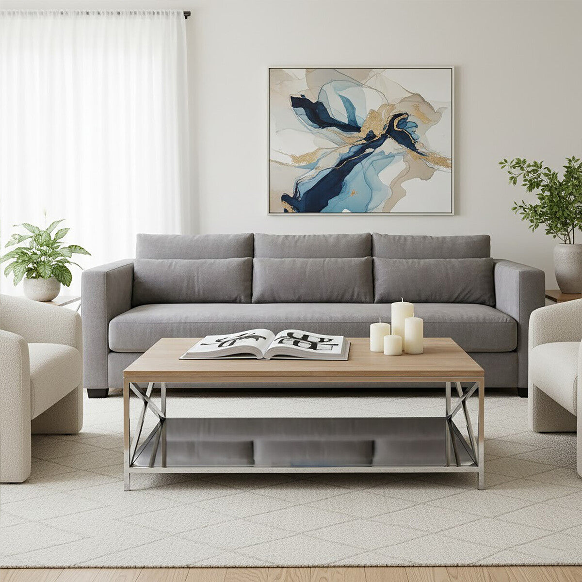 Orsina Chiswick Oak Wood Coffee Table with Polished Stainless Steel