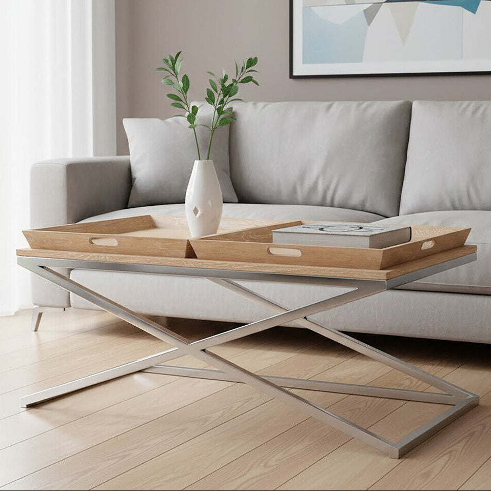 Orsina Holland Oak Coffee Table with Steel Legs and 2 Serving Trays