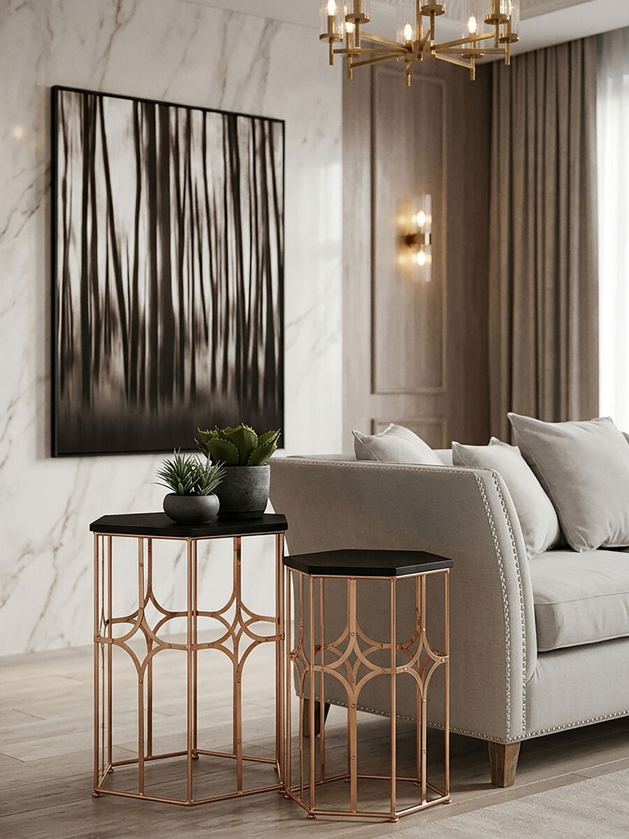 Orsina Hexagon Nesting Side Tables | Set of 2 Black and Rose Gold