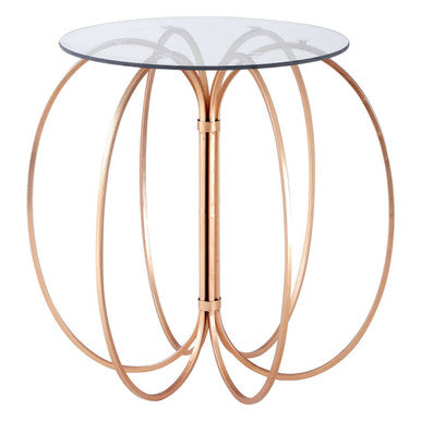 Orsina Lexa Glass Side Table – Rose Gold Circular Iron Base