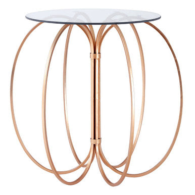 Orsina Lexa Glass Side Table – Rose Gold Circular Iron Base