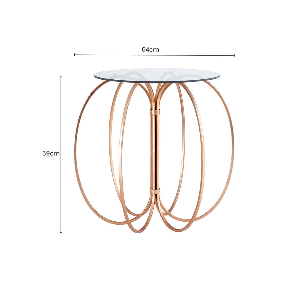 Orsina Lexa Glass Side Table – Rose Gold Circular Iron Base