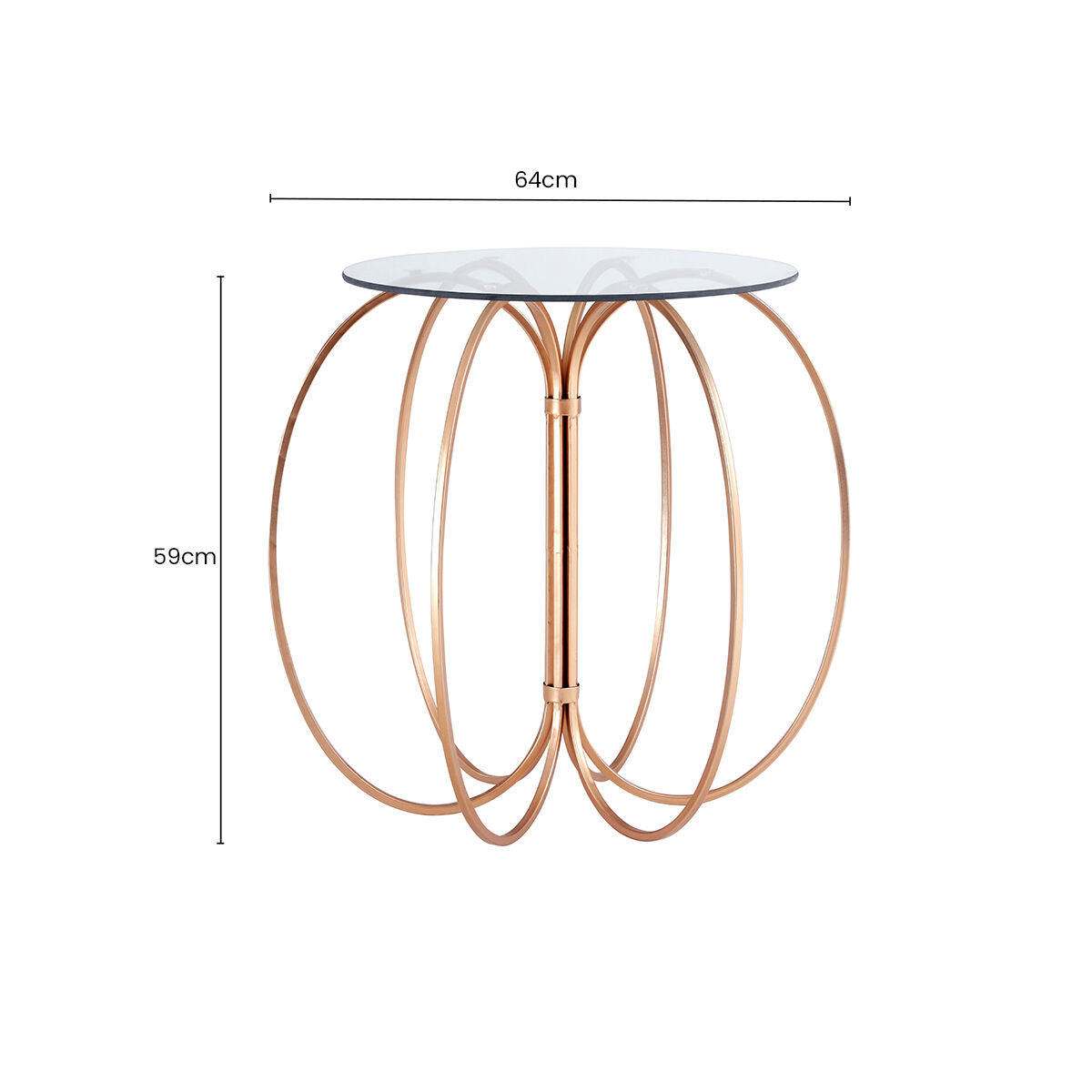 Orsina Lexa Glass Side Table – Rose Gold Circular Iron Base