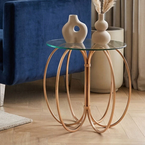 Orsina Lexa Glass Side Table – Rose Gold Circular Iron Base
